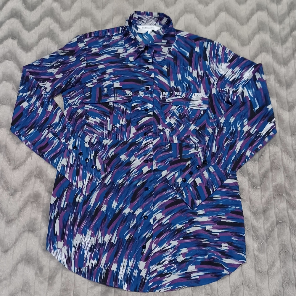 BCBGeneration Womens Size XS Blue Purple Abstract Long Sleeve Button Up Shirt